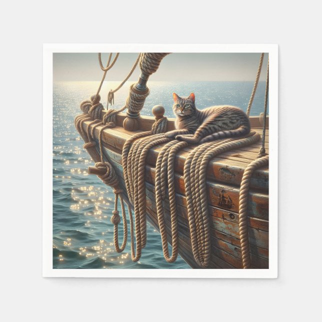 Tabby Cat On Nautical Ropes Napkins (Front)