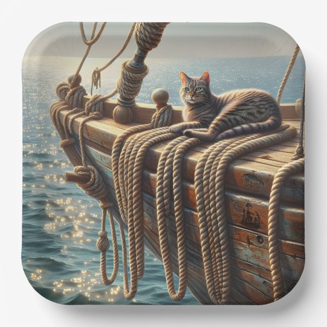 Tabby Cat On Nautical Ropes Paper Plates (Front)