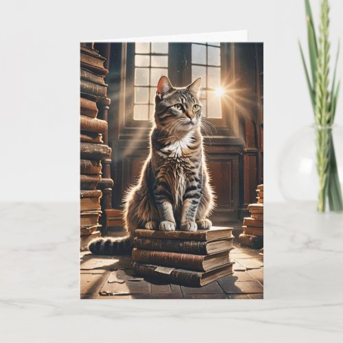 Tabby Cat On Old Books Card