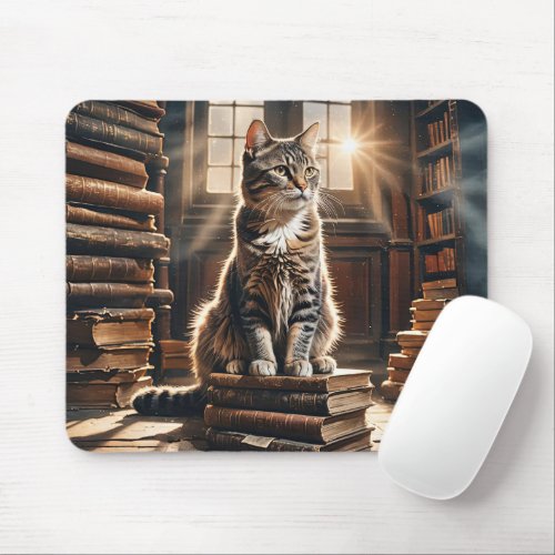 Tabby Cat On Old Library Books Mouse Pad
