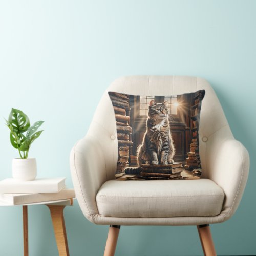 Tabby Cat On Old Library Books Throw Pillow