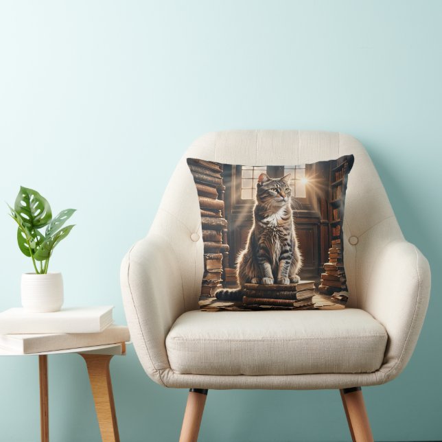 Tabby Cat On Old Library Books Throw Pillow (Chair)