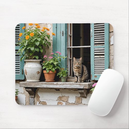 Tabby Cat On Old Window Ledge Mouse Pad