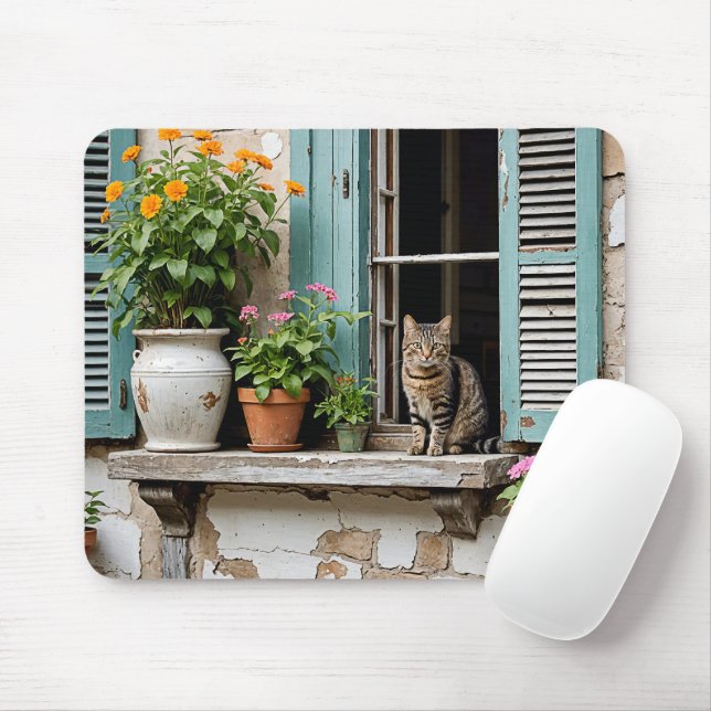 Tabby Cat On Old Window Ledge Mouse Pad (With Mouse)
