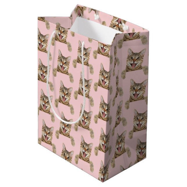 tabby cat on pink blush medium gift bag (Back Angled)