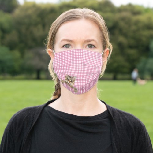 tabby cat on pink gingham adult cloth face mask