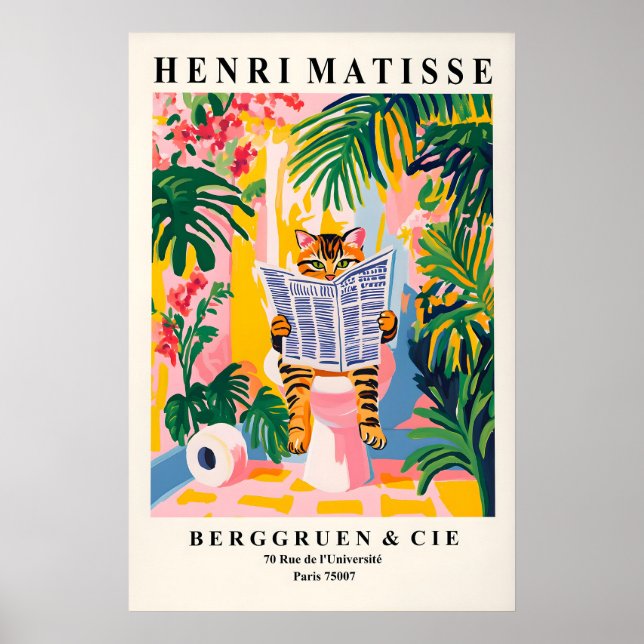 Tabby Cat on Toilet Art Print Funny Matisse Style (Front)