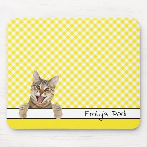 Tabby Cat on Yellow Gingham  Mouse Pad