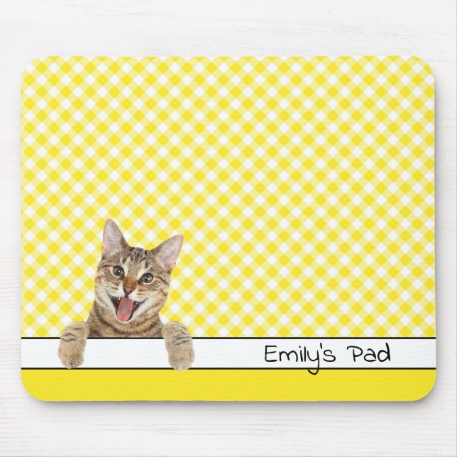 Tabby Cat on Yellow Gingham  Mouse Pad (Front)