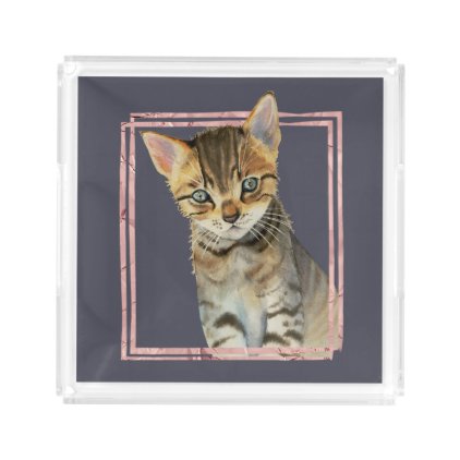 Tabby Cat Painting with Faux Rose Gold Foil Frame Acrylic Tray