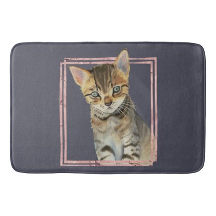 Tabby Cat Painting with Faux Rose Gold Foil Frame Bath Mat