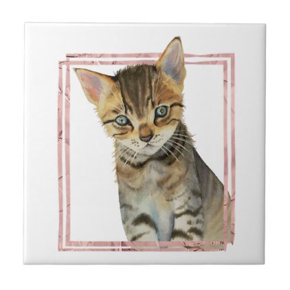 Tabby Cat Painting with Faux Rose Gold Foil Frame Ceramic Tile