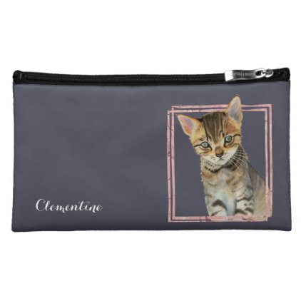 Tabby Cat Painting with Faux Rose Gold Foil Frame Cosmetic Bag