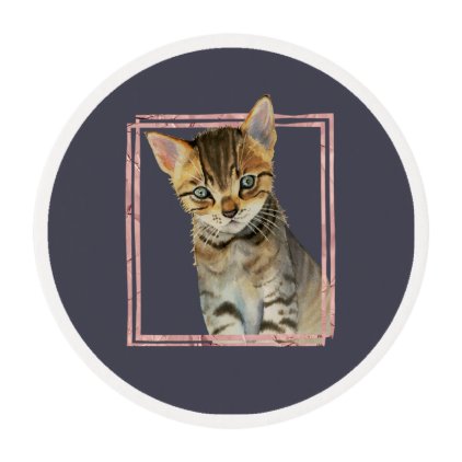 Tabby Cat Painting with Faux Rose Gold Foil Frame Edible Frosting Rounds