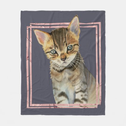 Tabby Cat Painting with Faux Rose Gold Foil Frame Fleece Blanket