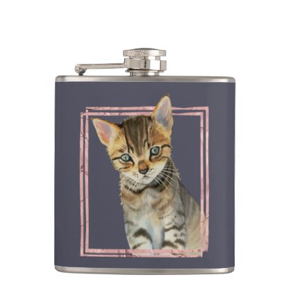 Tabby Cat Painting with Faux Rose Gold Foil Frame Hip Flask