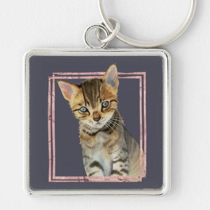 Tabby Cat Painting with Faux Rose Gold Foil Frame Keychain