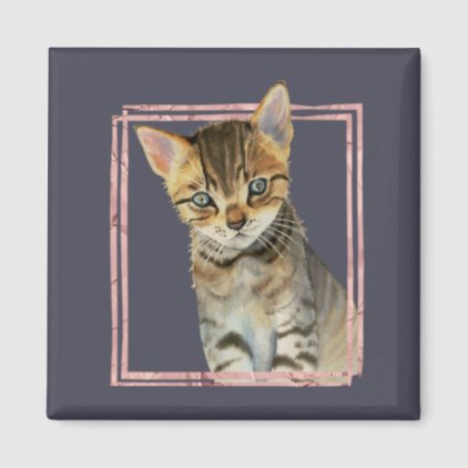 Tabby Cat Painting with Faux Rose Gold Foil Frame Magnet