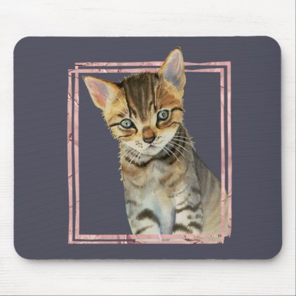 Tabby Cat Painting with Faux Rose Gold Foil Frame Mouse Pad