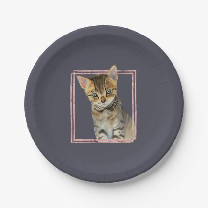 Tabby Cat Painting with Faux Rose Gold Foil Frame Paper Plate