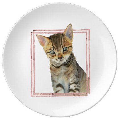 Tabby Cat Painting with Faux Rose Gold Foil Frame Porcelain Plate