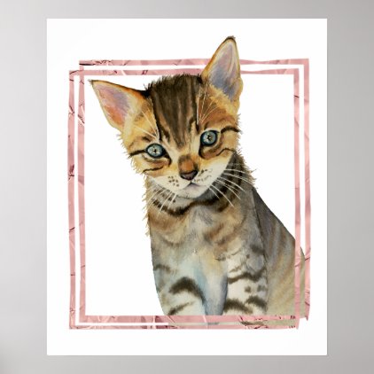 Tabby Cat Painting with Faux Rose Gold Foil Frame Poster