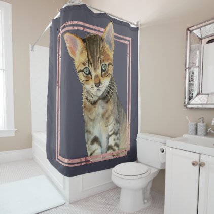 Tabby Cat Painting with Faux Rose Gold Foil Frame Shower Curtain
