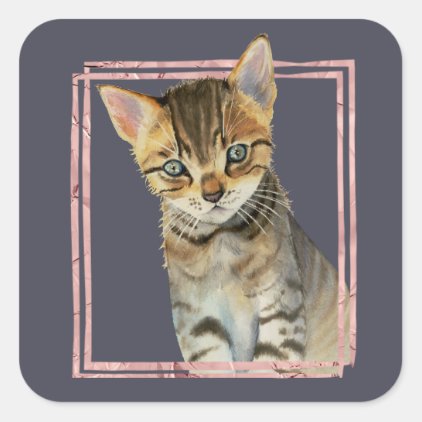 Tabby Cat Painting with Faux Rose Gold Foil Frame Square Sticker