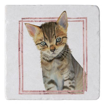 Tabby Cat Painting with Faux Rose Gold Foil Frame Trivet