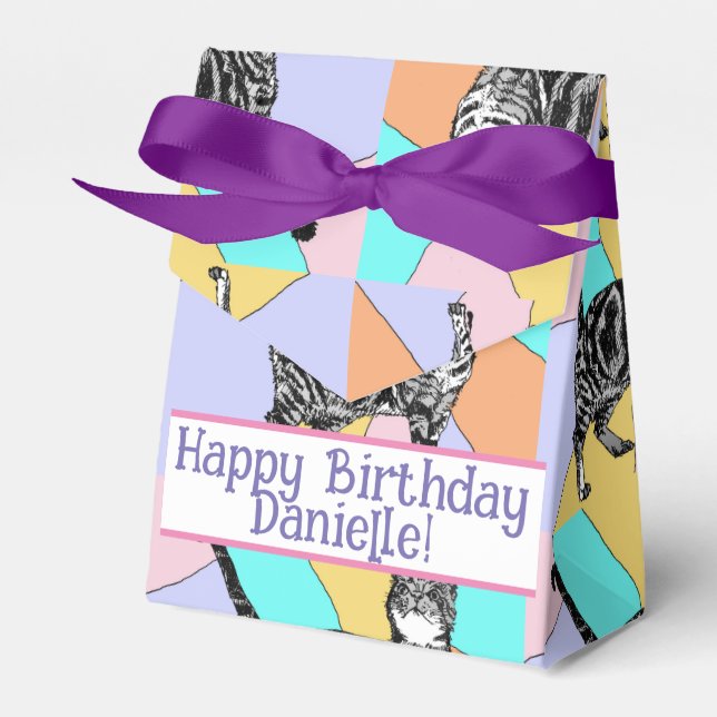 Tabby Cat Pastel Birthday Cats Cake Favor Box (Front Side)