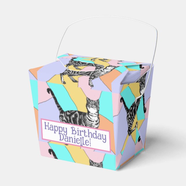 Tabby Cat Pastel Birthday Cats Cake Favor Box (Front Side)