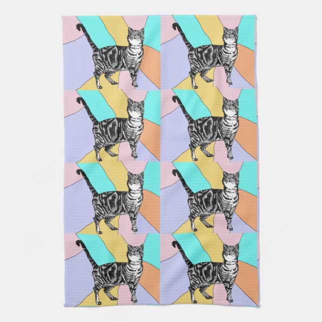 Tabby Cat Pastel Colors Tea Towel (Vertical)
