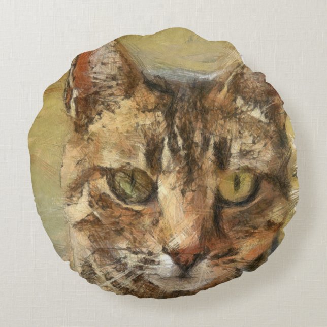 Tabby Cat Pencil Sketch Round Pillow (Back)