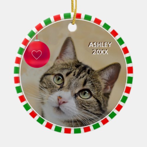 Tabby cat photo and green red frame ceramic ornament