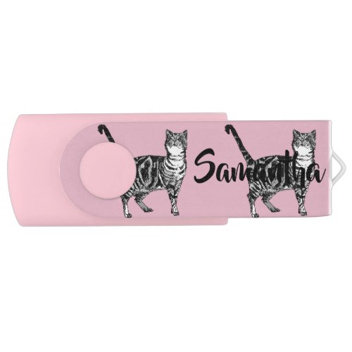 Tabby Cat Pink Black Girls Customizable Name USB  Flash Drive