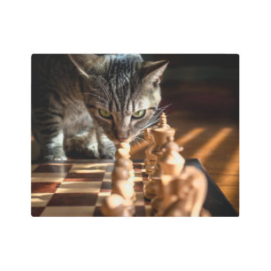 Tabby Cat Playing Chess Metal Print