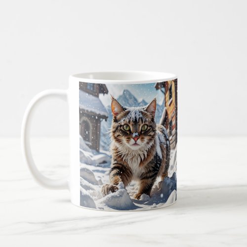 Tabby Cat Playing in Snow Coffee Mug
