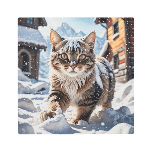 Tabby Cat Playing in Snow Metal Print
