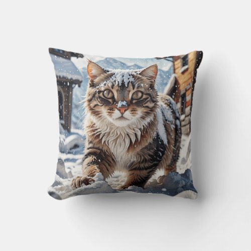 Tabby Cat Playing in Snow Throw Pillow