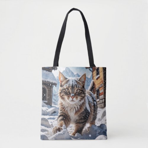 Tabby Cat Playing in Snow Tote Bag