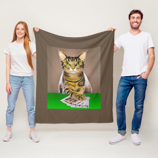 Tabby Cat Playing Poker Fleece Blanket (In Situ)