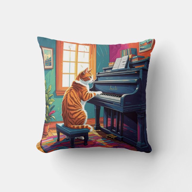 Tabby Cat Playing the Piano Throw Pillow (Front)