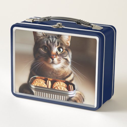 Tabby cat presenting a tin of biscuits metal lunch box