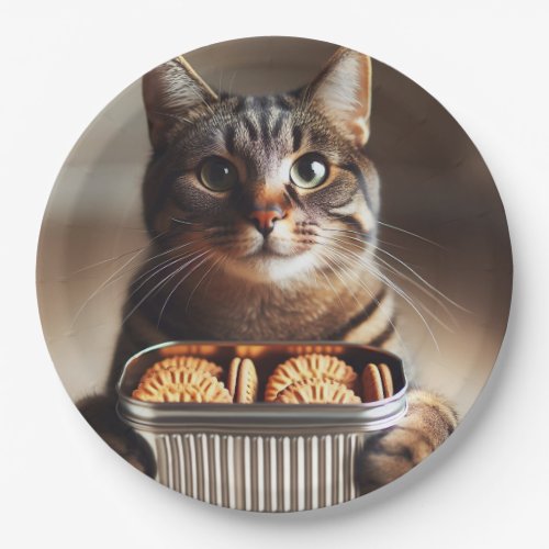 Tabby cat presenting a tin of biscuits paper plates