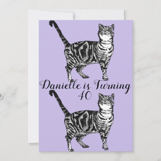 Tabby Cat Purple Art 40th Birthday Invitation (Front)