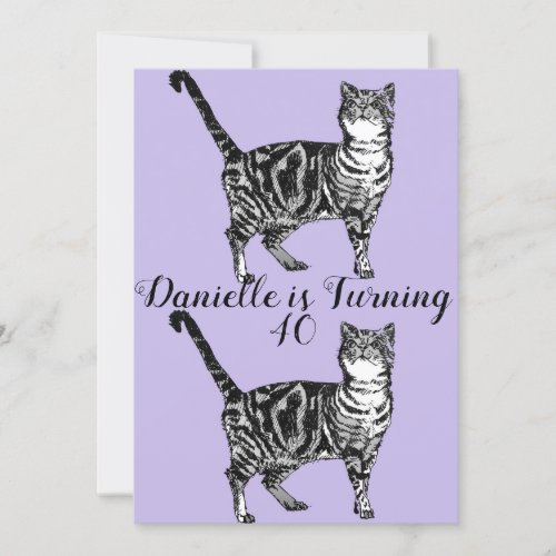 Tabby Cat Purple Art 40th Birthday Invitation