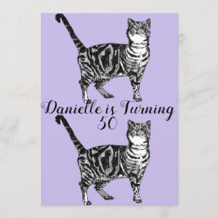 Tabby Cat Purple Art 50th Birthday Invitation