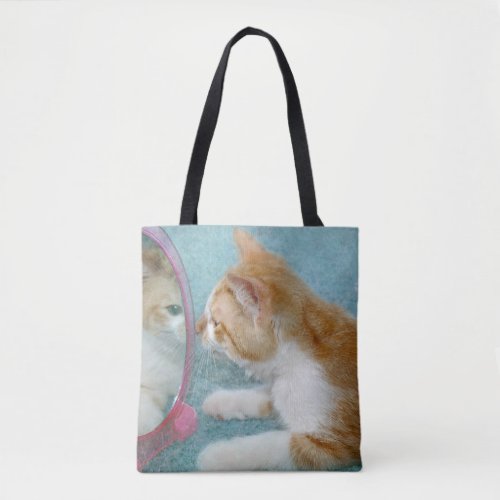 tabby cat reflection in mirror tote bag