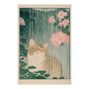 Tabby Cat Shower Print Ukiyo-e Botanical Bathroom