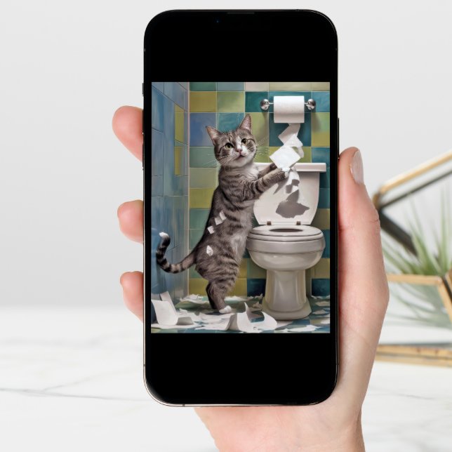 Tabby Cat Shredding Toilet Paper Birthday Card (Front Digital)